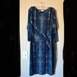 Calvin Klein Dress Size 14W Blue Waist Tie Sheath Animal Print Women's Workwear